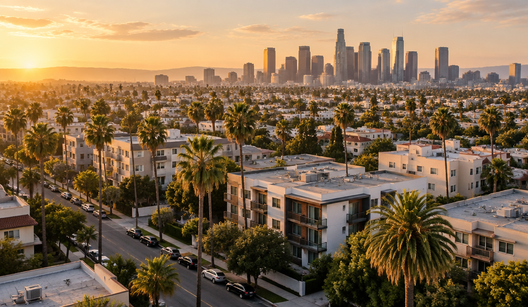 Aerial view of a Los Angeles multifamily residential neighborhood with palm trees and distant downtown skyline at golden hour